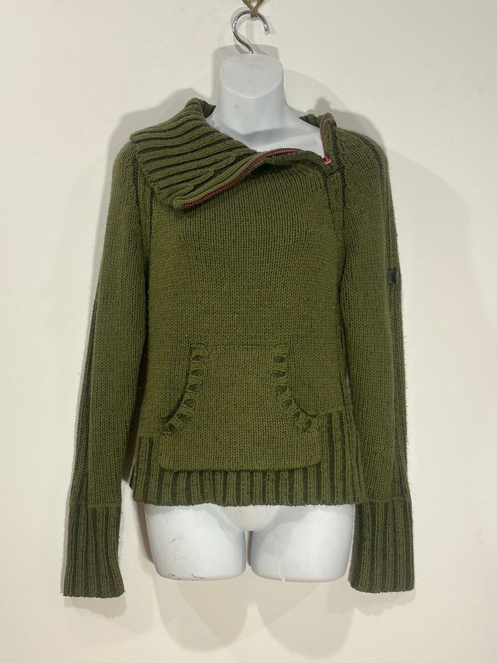 Vintage Y2K Empyre Olive Green Chunky Knit Asymmetrical Zip Cowl Neck Sweater M